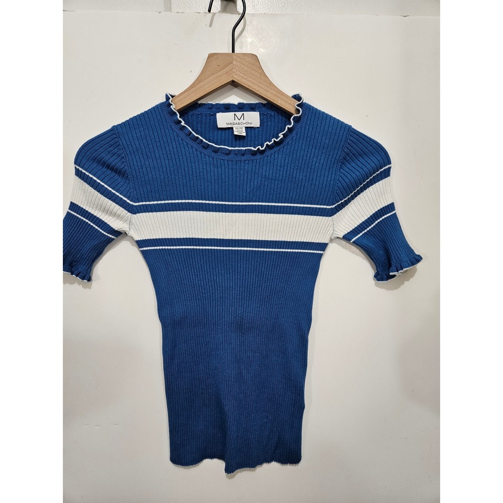 M Magaschoni XS Blue White Striped Ribbed Knit Top Ruffle Sleeve Preppy